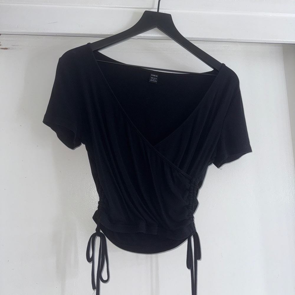 2/$15 SHEIN Black Wrap Blouse with Tie Details